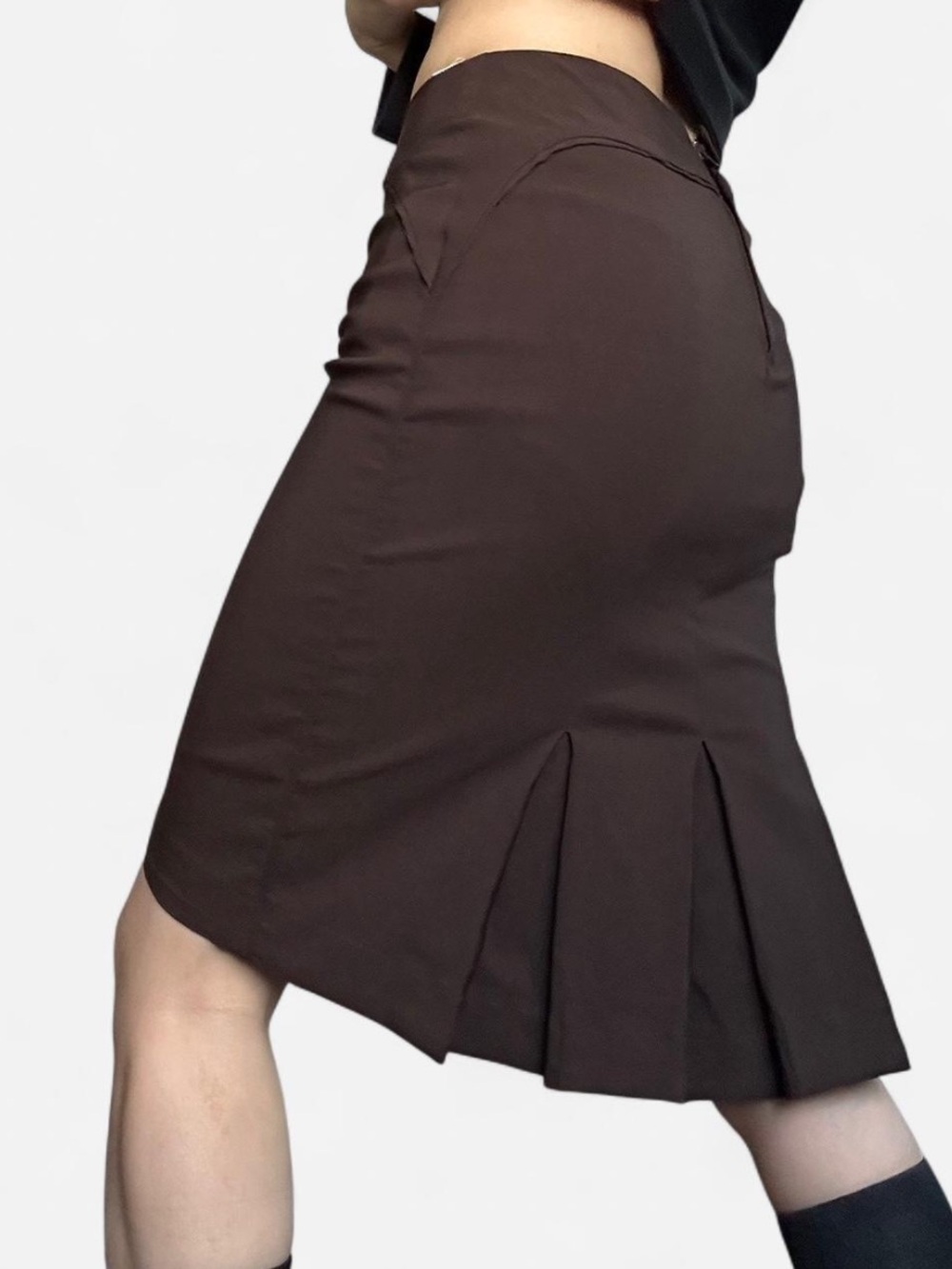 Le chateau vintage y2k Chocolate Brown Midi Skirt with Pleated Flare
